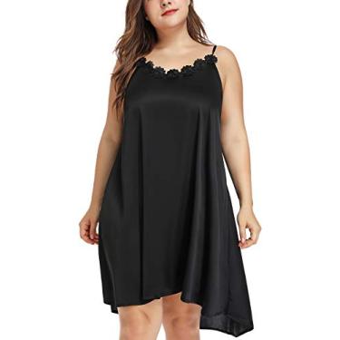 Imagem de AMPLUSBEAU Camisola feminina de seda plus size, sem mangas, sem mangas, roupa de dormir com decote floral, Preto, 6G