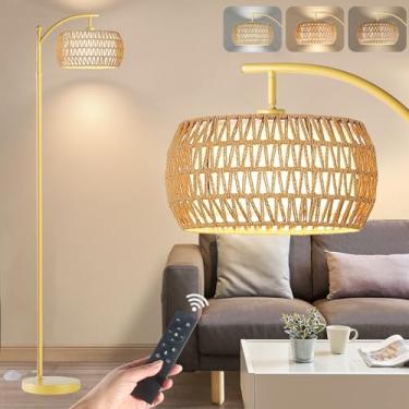 Imagem de Yusist Luminária De Chão Estilo Arco Para Sala De Estar, Luminárias De Chão Estilo Fazenda Com Controle Remoto E Lâmpada Regulável, Luminária De Pé Alta Em Rattan Estilo Boho Dourado Para Quarto E