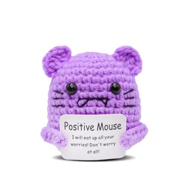 Imagem de Mouse de crochê positivo – Tricotado feito à mão, suporte emocional, mouse roxo macio, crochê com cartão, presente de agradecimento fofo exclusivo para amigos, colegas, festas, aniversários, Natal