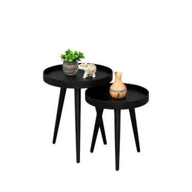 Imagem de Conjunto Mesa Lateral Redonda Barcelona com Pés Palito em Madeira Maciça Preta, Elegante com Bordas de 50mm (:Preta Com Tampos Preto)
