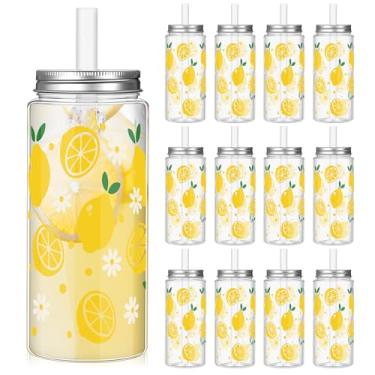 Imagem de Baderke 12 peças de copos de plástico havaiano com tampas e canudos 382 g Tropical Luau transparente copo para beber folhas de palmeira flamingo, hibisco, abelha, limão, abacaxi, para festa de verão