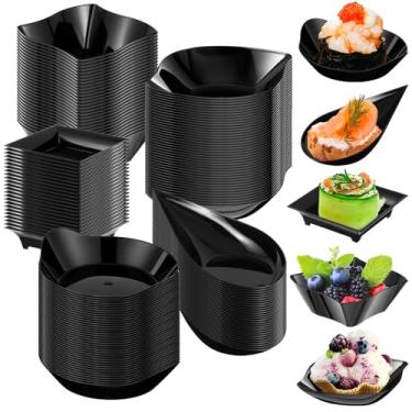 Imagem de Tessco Conjunto de 100 minipratos de sobremesa, pratos descartáveis para aperitivos de formas variadas, mini colheres de plástico para festa de casamento, aniversário (preto)