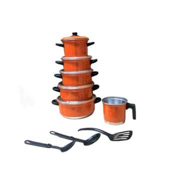 Imagem de Jogo De Panelas Preto Craqueado Kit 09 Pçs CaçarolaLeiteira Kit Talheres(Laranja)