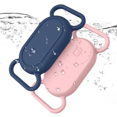 Imagem de Pacote com 2 suportes de coleira de cachorro para Samsung Galaxy SmartTag2, capa de silicone à prova d'água antiperda para Galaxy Smart Tag 2 para coleiras de cães de estimação (azul marinho + areia
