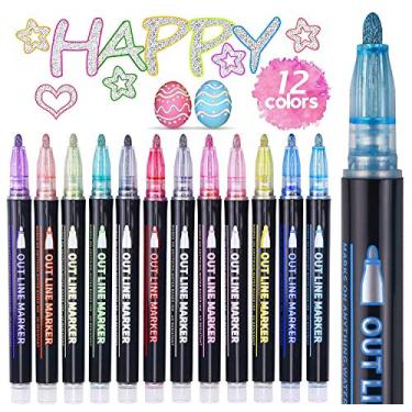 Imagem de Yangmei Estoques de meia para crianças e adolescentes, canetas marcadoras de contorno cintilante, itens modernos para meninas adolescentes, 12 marcadores de glitter para materiais de arte e artesanato