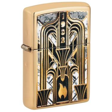Imagem de Zippo Isqueiro de bolso de latão polido com design de chama Art Deco