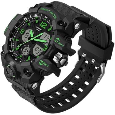 Imagem de Relógio de pulso masculino militar robusto para corrida com mostrador duplo, mostrador analógico, digital, alarme, cronômetro masculino, Preto, verde, Casual