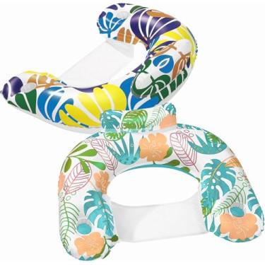 Imagem de Pacote com 2 cadeiras infláveis flutuantes para piscina vem com dois suportes de copo e encosto de cabeça ergonômico, ótimo para festa na piscina, rio, lago, praia, traga lazer e relaxamento para o