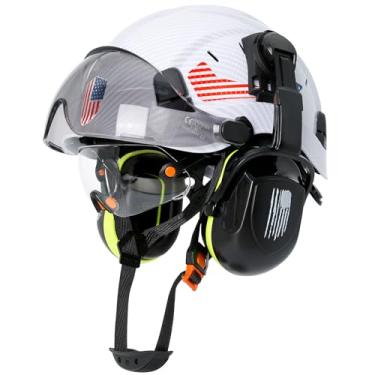 Imagem de PerldVerge Capacete De Segurança Para Construção Com Viseira E Proteção Auditiva - Fibra Carbono Branco Aprovado Pela Osha Protetores Auriculares, Construção/Silvicultura/Arboricultura Tiras Queixo