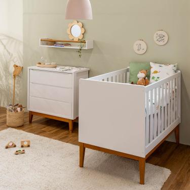 Imagem de Kit Quarto Infantil Theo com Pés Square Mel - Berço + Cômoda 3 Gavetas - Branco Fosco