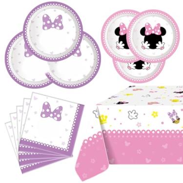 Imagem de Conjunto de talheres de festa para Minnie Mouse, 16 peças de pratos de papel (8 peças de 23 cm e 8 peças 17 cm) - 20 guardanapos e toalha de mesa 218 cm x 132 cm, decoração de decoração de festa de aniversário da Minnie