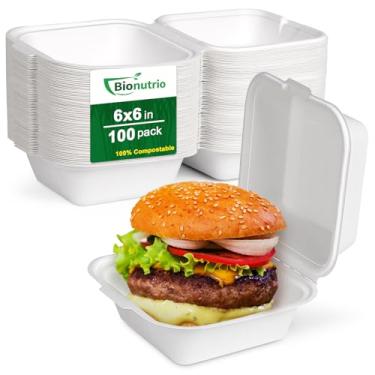 Imagem de Bionutrio Recipientes De Concha 6X6 Para Viagem, Pacote Com 100 Caixas Compostáveis Alimentos Resistentes Feitas Fibras Cana-De-Açúcar