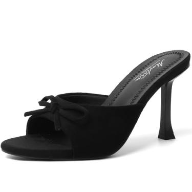 Imagem de Mostrin Sandálias femininas salto gatinho bico redondo com laço vintage mules sexy sem cadarço stiletto frente única para festa diária, Camurça preta, 35