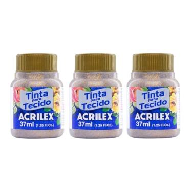 Imagem de Kit Com 3 Tintas para Tecido com Glitter Acrilex 37ml – Brilho Intenso, Alta Cobertura e Fixação a Frio para Suas Criações acabamento cintilante, alta cobertura e durabilidade superior, sendo ideais para customização de roupas, acessórios, peças decorativas e projetos artísticos em geral. (Ouro 201)