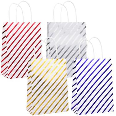 Imagem de 24 peças de sacos de presente listrados de folha dourada, sacos de papel kraft com alça, sacolas de lembrancinhas de festa, sacolas de guloseimas, suprimentos de festa para aniversário, casamento, chá