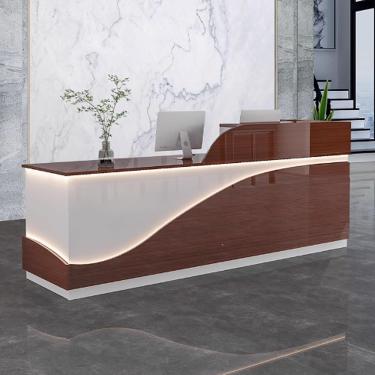 Imagem de Moderno de recepção para escritório, balcão de recepção, recepção da recepção da recepção, balcão de madeira engenharia de madeira com tiras leves para salões de beleza, marrom+branco, 120cm