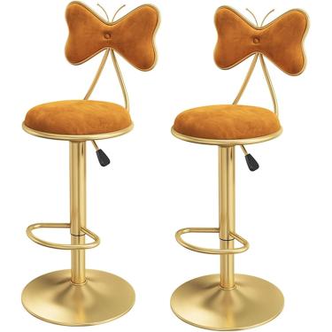 Imagem de 2 Pcs Bar Stools Lift Swivel Island Stools, Cozinha Balcão Cadeira De Jantar Em Casa Com Encosto De Veludo, Pernas De Metal E Apoio Para Os Pés, Altura Ajustável 60-80cm, Orange