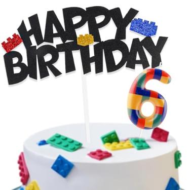Imagem de Building Block Cake Decorations with Happy 6th Birthday Cake Toppers and Birthday Candles Number 6, Building Block Birthday Party Deco for Kids