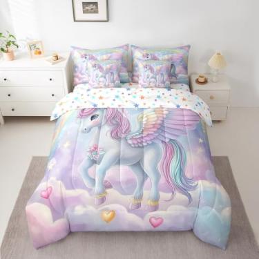 Imagem de Jogo de cama solteiro de unicórnio para meninas, tamanho solteiro, arco-íris, galáxia, estrelas, fantasia, conjunto de edredom com lençol kawaii, unicórnio, para meninos e crianças, azul e roxo