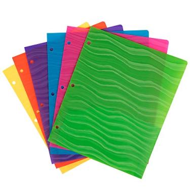 Imagem de JAM Pasta de papel de plástico resistente, 3 furos, 2 bolsos, pasta de apresentação escolar – Pacote com 6, Assorted Wave Colors
