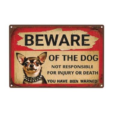 Imagem de Placa de metal vintage - Cuidado com cachorro chihuahua com coleira pontiaguda, sinal de aviso humorístico, rústico 20 x 30 cm, decoração de quintal ao ar livre para cerca, fazenda, jardim, cozinha