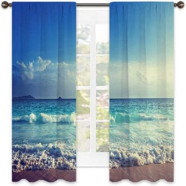 Imagem de Cortina blackout oceânica, praia de ilha tropical ao pôr do sol com ondas e imagem do mar enevoado, cortinas blackout com absorção de som para decoração de sala de jantar/festa, L 132 x C 182 cm