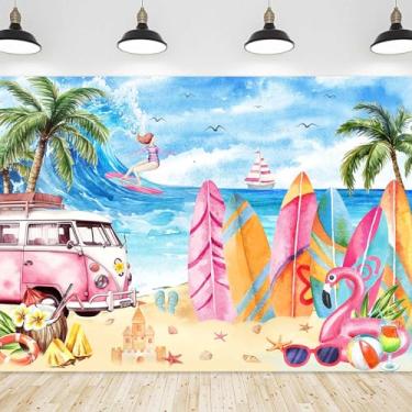 Imagem de Sensfun 2,1 x 1,5 m pano de fundo de praia havaiana de verão, palmeira, tropical, prancha, surfe, fotografia de fundo, praia, surf, festa, aniversário, decoração de chá de bebê, verão, Aloha Luau