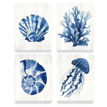 Imagem de Impressão de animais do oceano em 4 painéis: pôster de vida marinha sem moldura arte de parede berçário concha concha coral água-viva tema de organismo marinho arte para quarto de crianças quarto