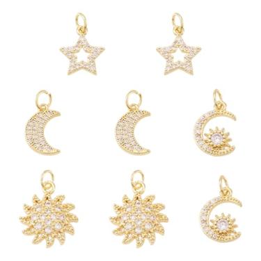 Imagem de Beadthoven 8 peças, 4 estilos, pingentes celestiais de zircônia cúbica micropavê 18 quilates de latão dourado sol lua estrela com anéis de salto pingentes de strass de diamante para fazer joias colar