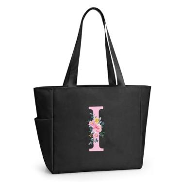 Imagem de KALIDI Sacola de praia personalizada, bolsa de compras com zíper inicial do alfabeto para mãe, professora, amiga, casamento, compras diárias, Preto-i, Large