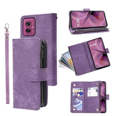 Imagem de Dibosom Capa carteira para Motorola Moto G55 5G com cordão de pulso e couro vintage premium flip porta-cartão de crédito acessórios capa de celular para mulheres homens roxo