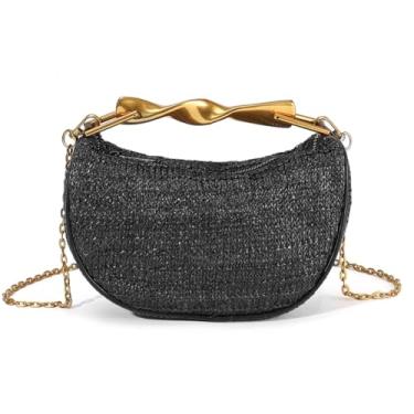Imagem de Bolsa clutch de palha feminina mini bolsa de verão moderna bolsa transversal de ombro com alça de corrente, Palha preta