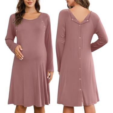 Imagem de Ekouaer Camisola feminina para maternidade, parto, maternidade, hospital, vestido de amamentação, abotoado, manga comprida, Rosa empoeirado, XGG