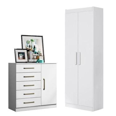 Imagem de Cômoda Sapateira Milão 2014145 E Armário Multiuso 2000191 Branco Brilho - Aramóveis