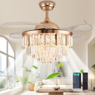 Imagem de Trssdre 42" Regulável Gold Fandelier Cristal Led Ventiladores De Teto Com Luzes E Controle Remoto Moderno Retrátil Lâmina Kit De Iluminação De Teto Ventilador Para Quarto Sala De Jantar Sala De Estar