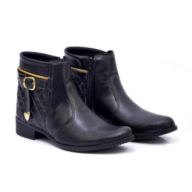 Imagem de Bota Feminina Casual Cano Curto, Coturno com Fivela Dourada, Preta, Design Matelassê (Preto, BR, Adulto, Numérico, 36)
