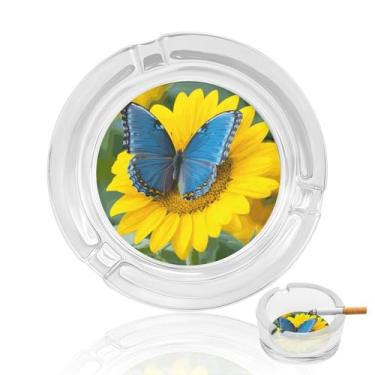 Imagem de Cinzeiro de vidro cristal borboleta azul girassol, cinzeiro redondo de vidro resistente, cinzeiro moderno decorativo portátil para uso em casa, escritório, interior, exterior, pátio