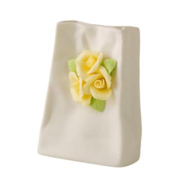 Imagem de WeiLaiKeQi Vaso de flores de porcelana, decoração de mesa para casa, vaso amassado à mão, suporte para flores para sala de estar, estante, hotel, férias, Amarelo