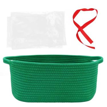 Imagem de Cesta de tecido com sacos de presente e fitas, 35,5 x 25,4 x 15,2 cm, organizador de presentes, prateleiras, cesta de corda de algodão para berçário, brinquedos de animais de estimação (verde)