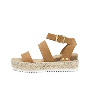 Imagem de Soda Top Shoe Bryce bico aberto fivela tira no tornozelo alpargatas flatform Wedge Casual Sanda, Bronzeado, 35