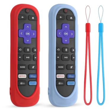 Imagem de DUOLAXMENG Pacote com 2 capas de silicone para controle remoto TCL/Roku TV/Hisense, capa de silicone compatível com controle remoto universal por voz, capa lavável Roku com cordão (vermelho + azul