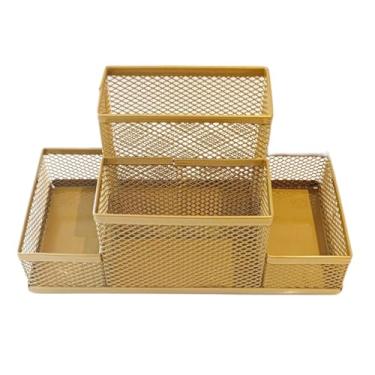 Imagem de Porta Lápis, Caneta, Clips, Lembrete, Aramado, Dourado, 4 Divisórias