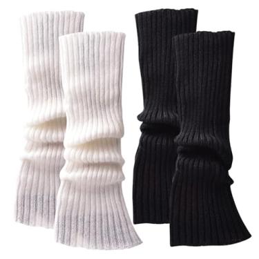 Imagem de Polainas para meninas, 2 pares de polainas brancas e pretas, polainas de malha caneladas, meias longas para mulheres, presente de inverno