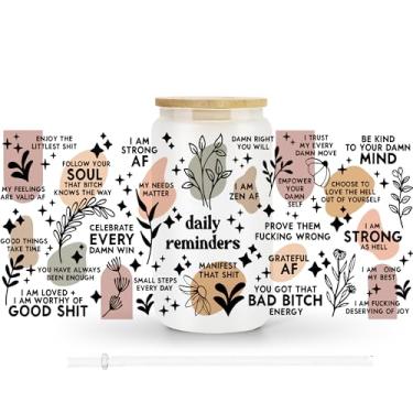 Imagem de AGH Copo de vidro de lata com tampas de bambu e canudo Platic Copo de 473 ml para café gelado, refrigerante, copos de cerveja fosca, copo de smoothie para presente de Natal. 1 pacote