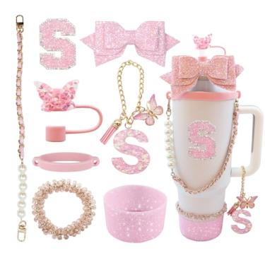 Imagem de Conjunto de acessórios de copo de 8 peças para Stanley Copo de 76 ml com alça, incluindo topo de palha, bota, alça de alça de garrafa de água, decoração de arco de palha, pulseiras, pingente de letra