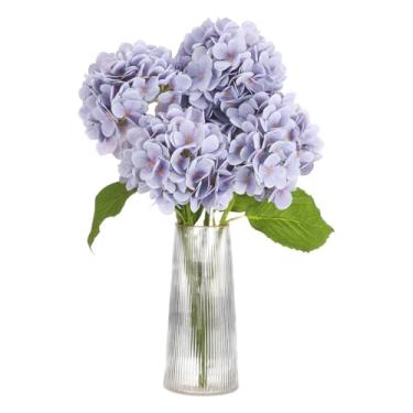 Imagem de HARFINGTON 4 peças de flores artificiais de hortênsia 47 cm látex toque real buquês de flores de hortênsia falsas grandes realistas para decoração de casa, cozinha, festa, casamento, roxo claro