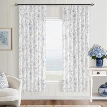 Imagem de Cortinas de linho plissadas florais azuis de 182 cm de comprimento para sala de jantar e sala de estar, aba de pregas nas costas, casa de fazenda, boho, vintage, filtragem de luz, estampada, cortina