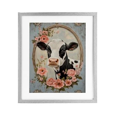 Imagem de Stupell Industries Impressão emoldurada cinza Peachy Peonies Cow Portrait Under Glass da Petal Prints Design, 40 x 33