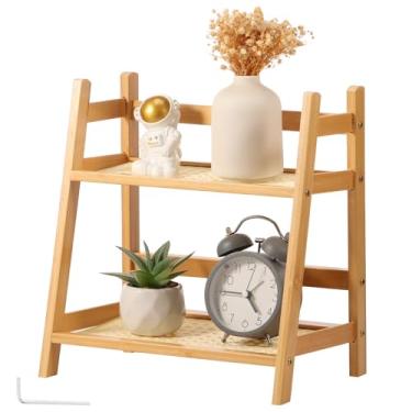 Imagem de Organizador de estação de café de bambu com aparência de vime de 2 camadas, suporte de armazenamento de condimentos para cozinha, escritório em casa (27 cm, cor do tronco)