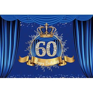 Imagem de Yeele Pano de fundo de feliz aniversário de 3 x 2 m Luxuoso Royal Blue Gold Crown Curtain Diamond 60th Birthday Photo Background para adultos Cheers to 60 anos de idade, faixa de festa de aniversário